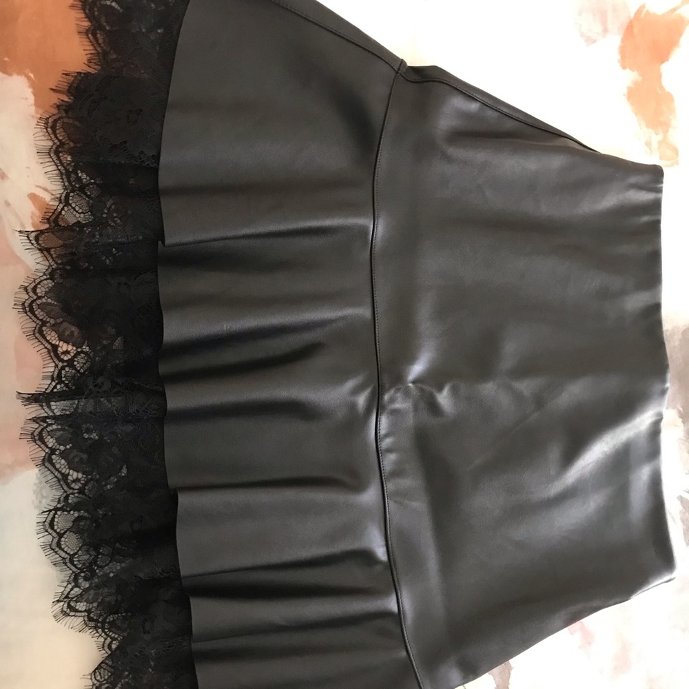 Black Faux Leather Bebe Skirt Trimmed with Lace